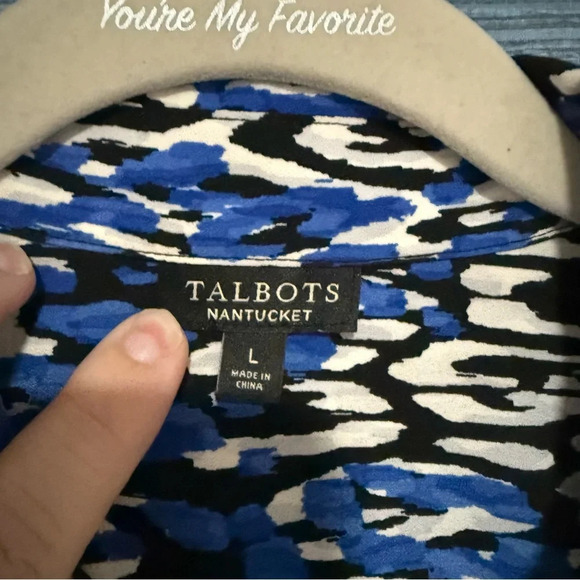Talbots Nantucket Blue Black White Patterned Button Down Roll Tab Sleeve Large - Picture 6 of 6